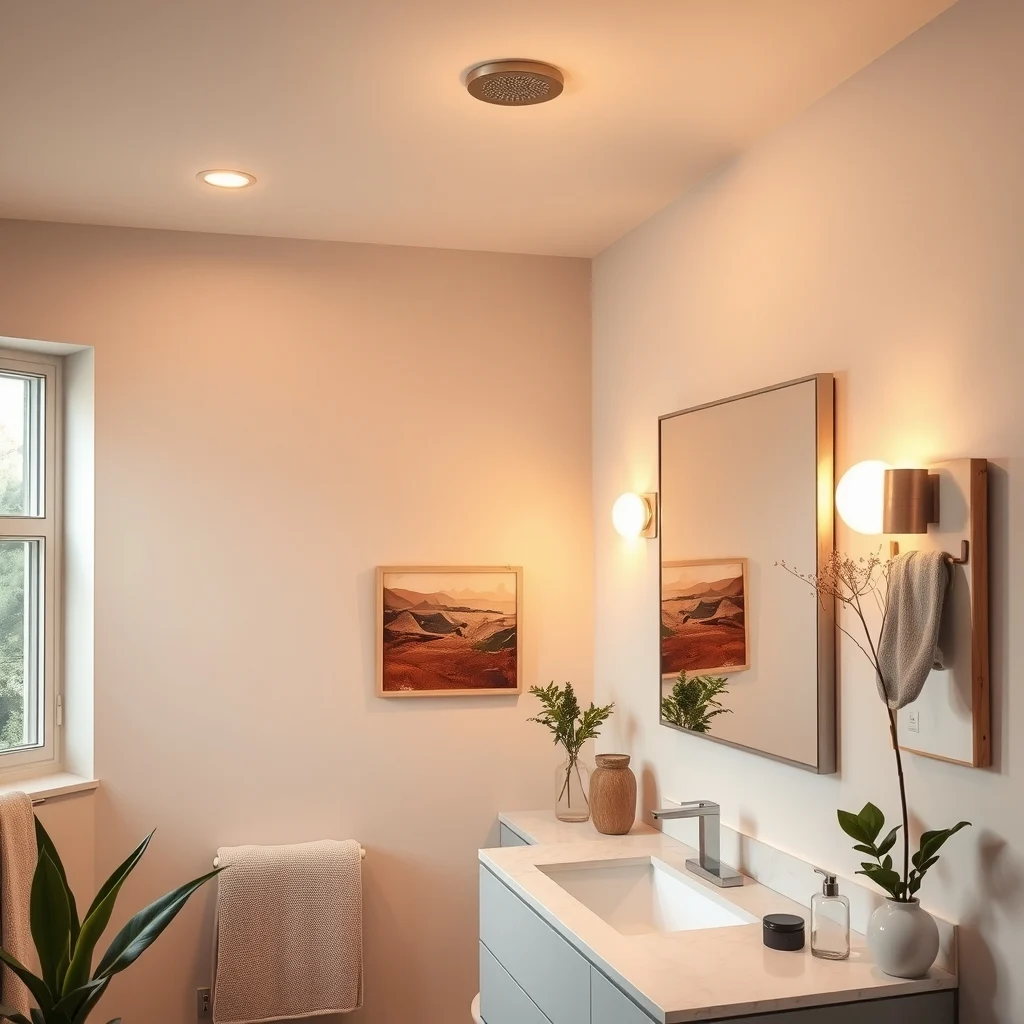 Warm lit bathroom interior showing recessed LED downlights dimmable brushed nickel vanity fixture small brushed nickel wall sconce casting a gentle glow steam warmed mirrors reflect soothing ambience