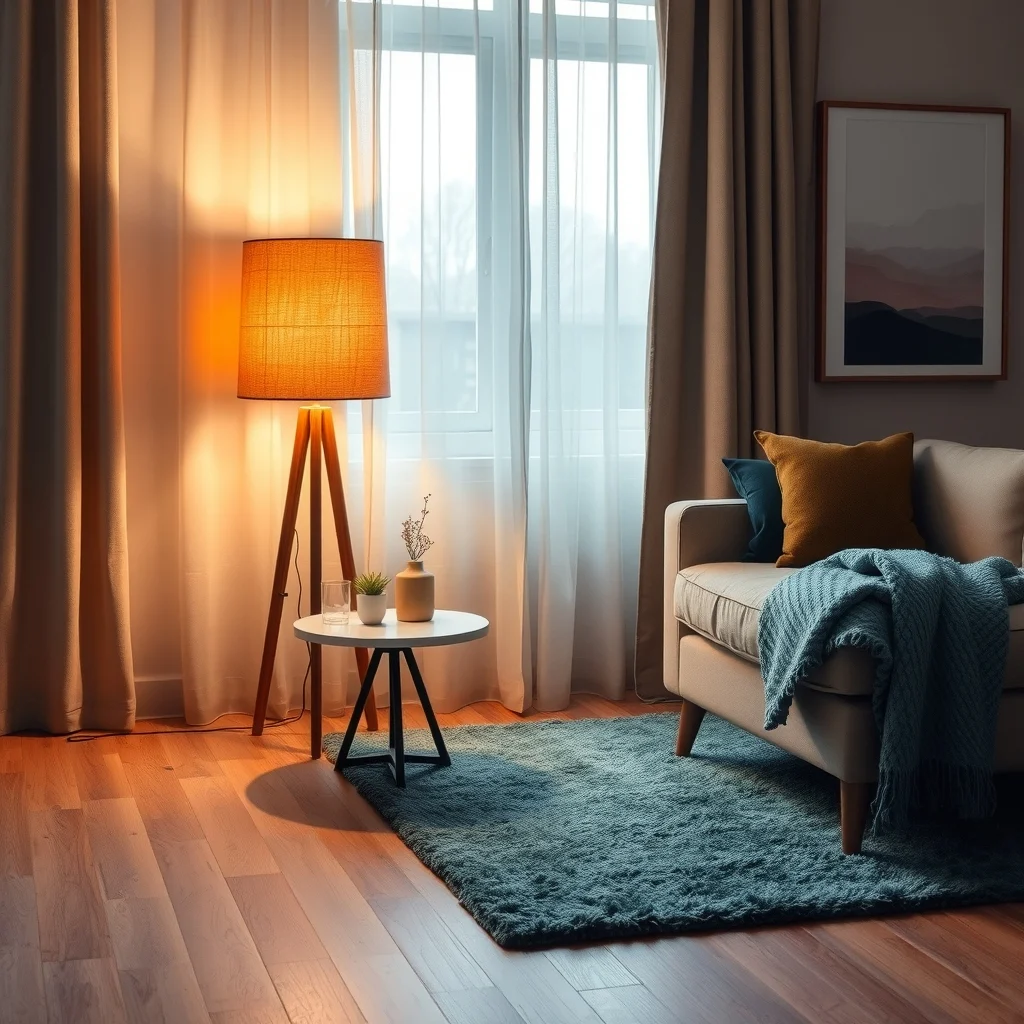 Warm toned floor lamp with a textured linen shade beside a low marble side table amber glow illuminating a plush teal rug winter evening light seeping through sheer curtains modern cozy lounge