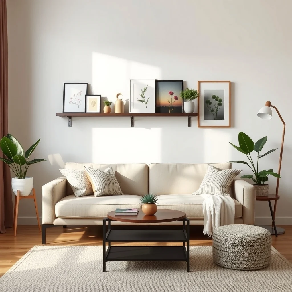 What to Do With the Awkward Space Beside Your Sofa interior: 5. Install floating shelves for art or plants - When floor space is limited, vertical storage becomes a smart alternative. Floating shelves mounted on the wall beside the sofa provide a platform for framed prints, small sculptures, or a row of potted succulents. The