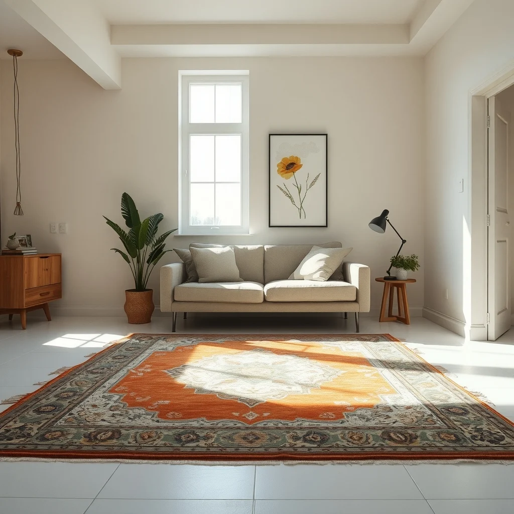 Wide angle captures a muted amber and sage Persian style rug laid beneath a floating white laminate floor anchoring the space minimal furniture natural daylight streams subtle shadows emphasize texture