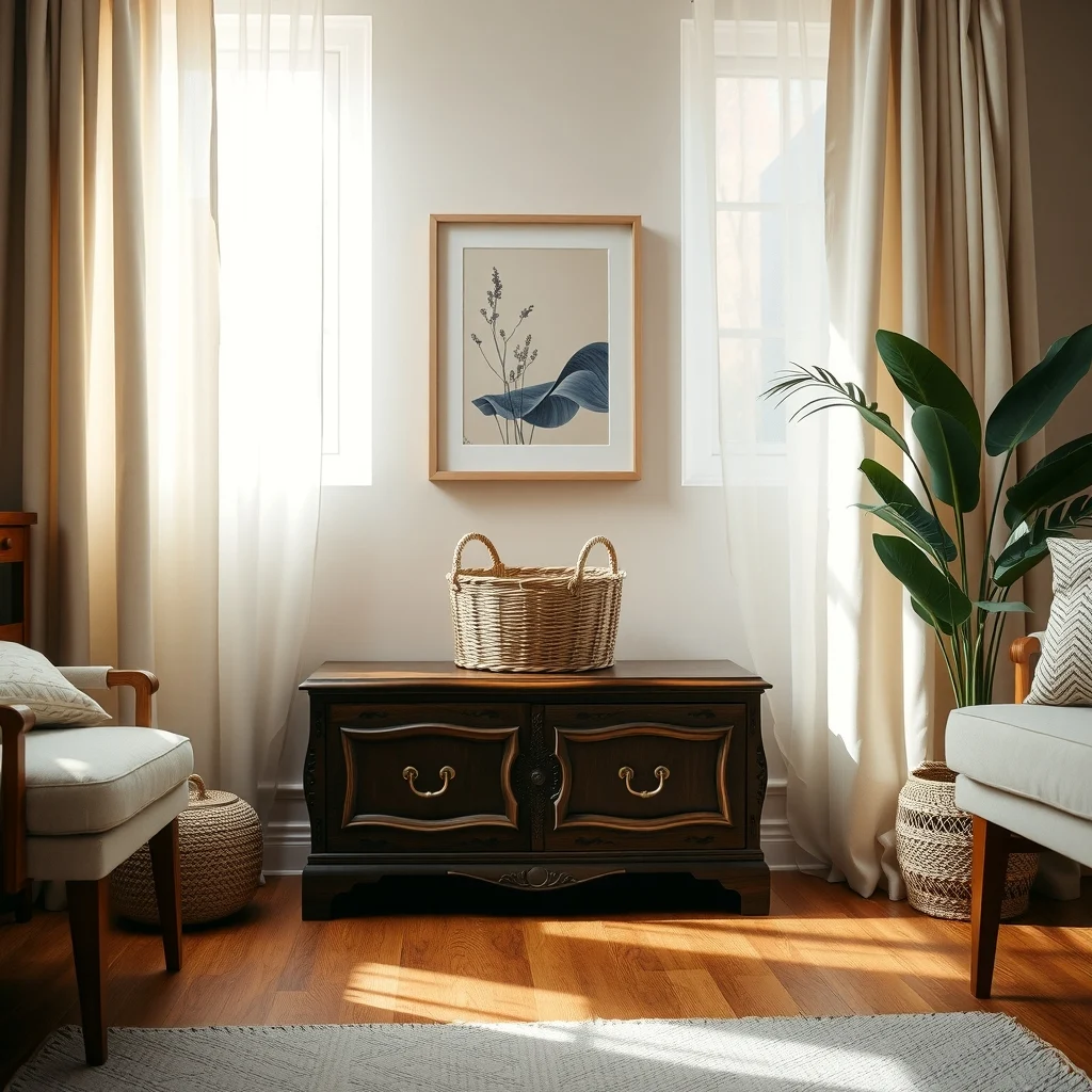 Wide angle of a low carved wooden chest with brass handles topped by a woven basket surrounding neutral walls natural daylight through sheer curtains accentuating wood grain