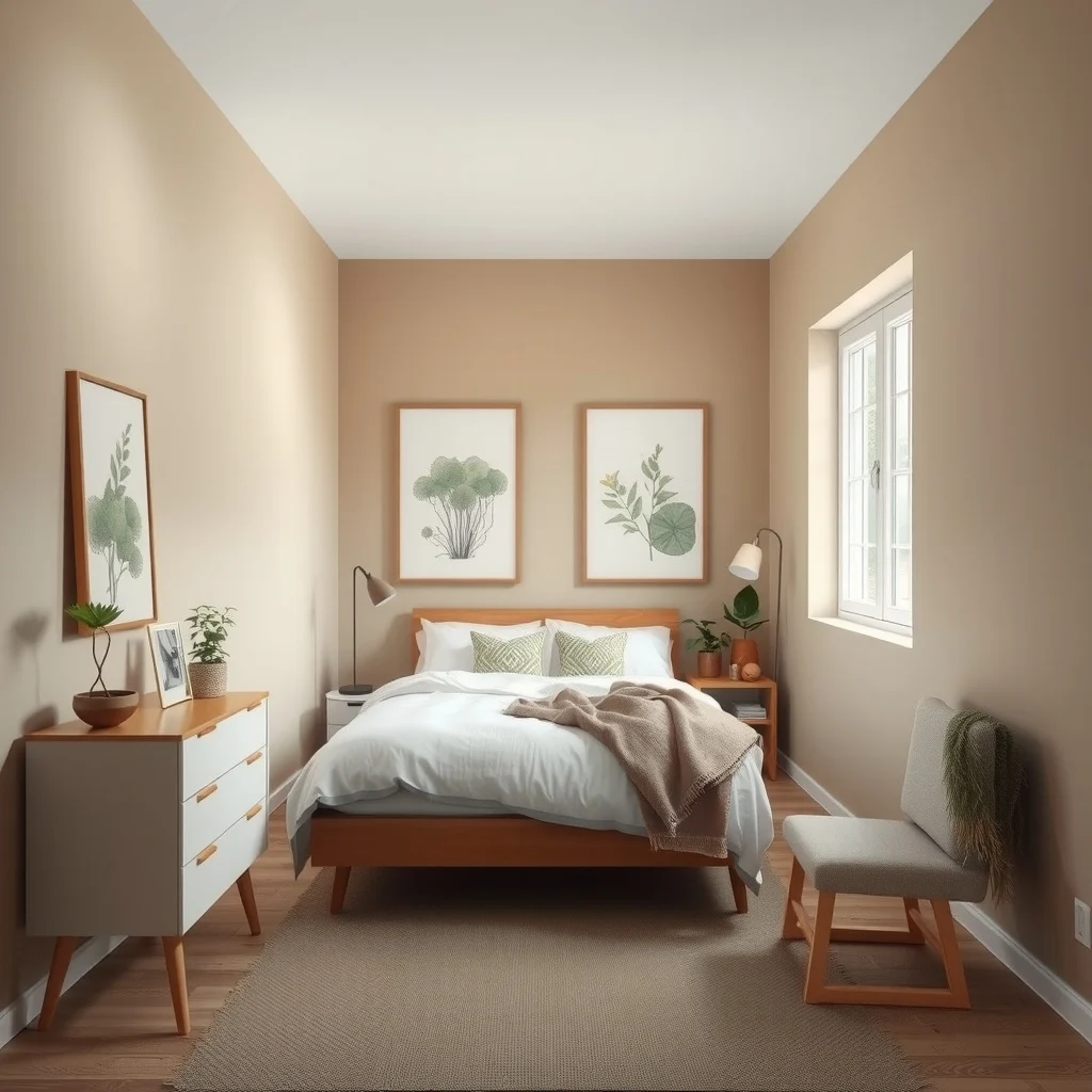 Wide angle view of a compact guest bedroom warm greige walls