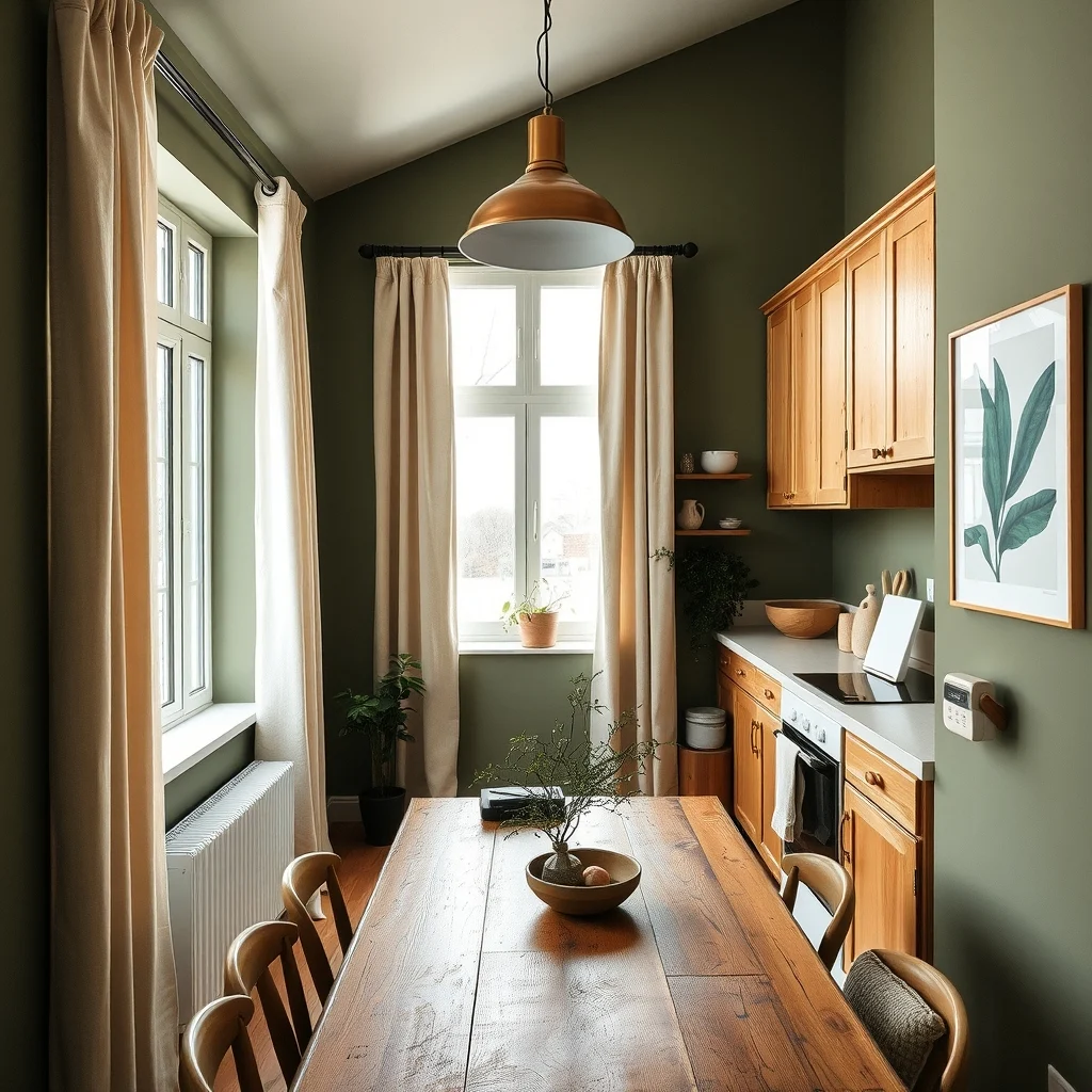 Wide-angle view of a cottagecore kitchen with deep olive walls soft natural light filtering through linen curtains reclaimed pine cabinets a brass pendant lamp and a rustic wooden table emphasizing grounded inviting atmosphere