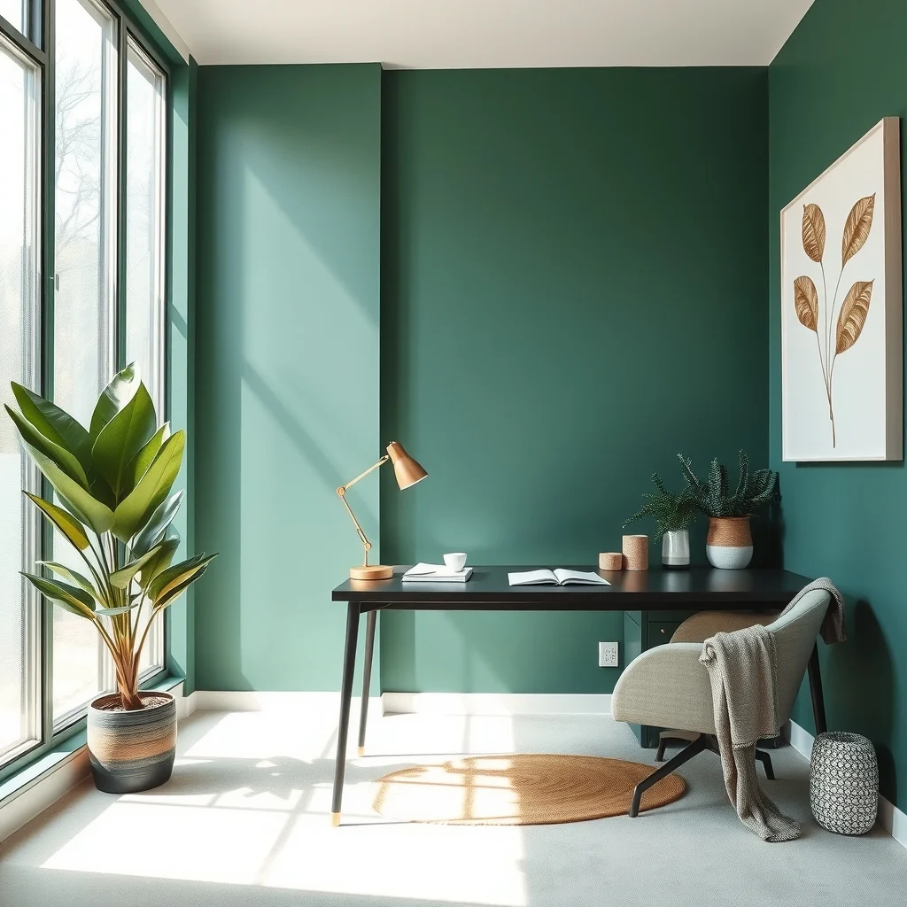 Wide-angle view of a home office with a deep emerald feature wall matte black desk brass desk lamp abstract gold leaf art soft natural light spilling from a frosted window creating dramatic depth