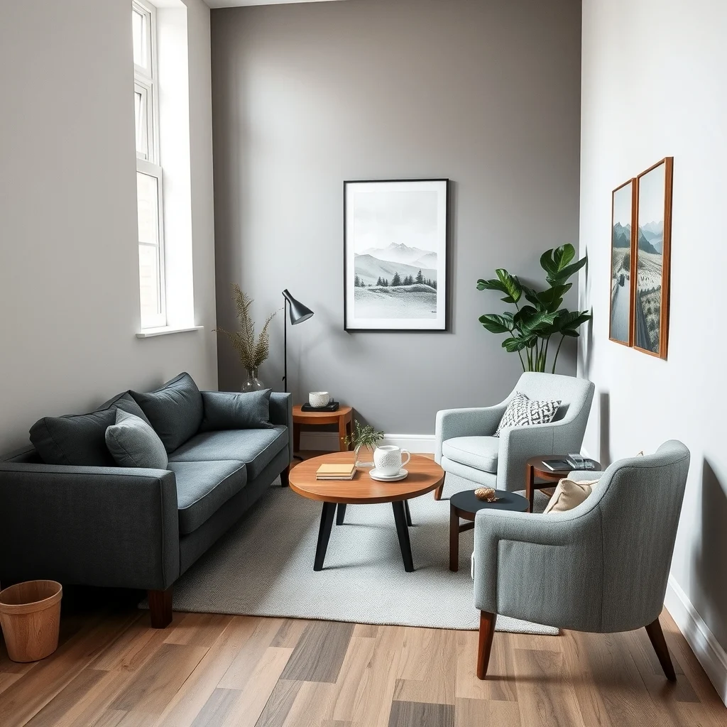 Wide angle view of a narrow living room sleek charcoal sofa anchored to a single wall paired with a light gray armchair walnut coffee