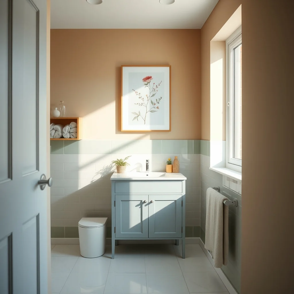Wide-angle view of a small bathroom with warm greige walls pale sage accent strip soft dove blue vanity glossy white tiles reflecting natural light abstract botanical print above the sink