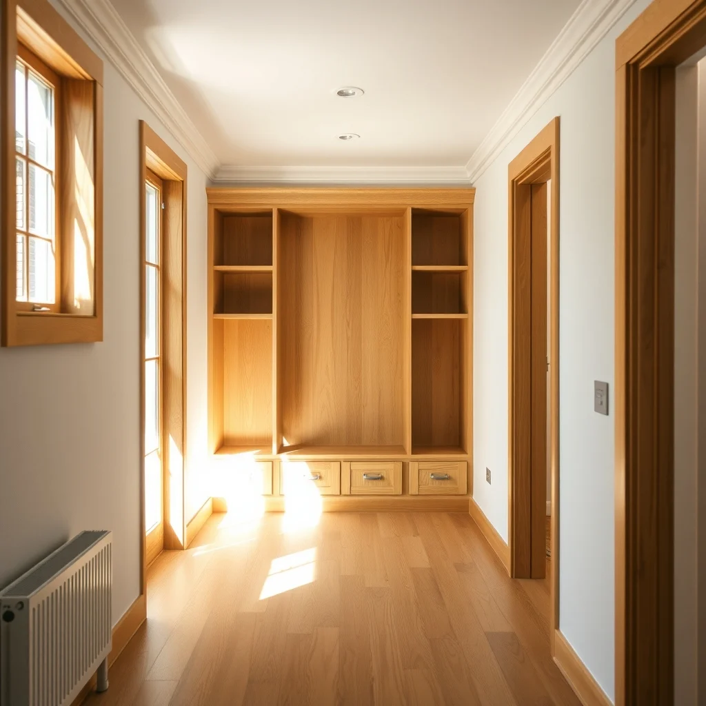 Wide angle view of hallway with honey-colored oak built in shelves matching oak