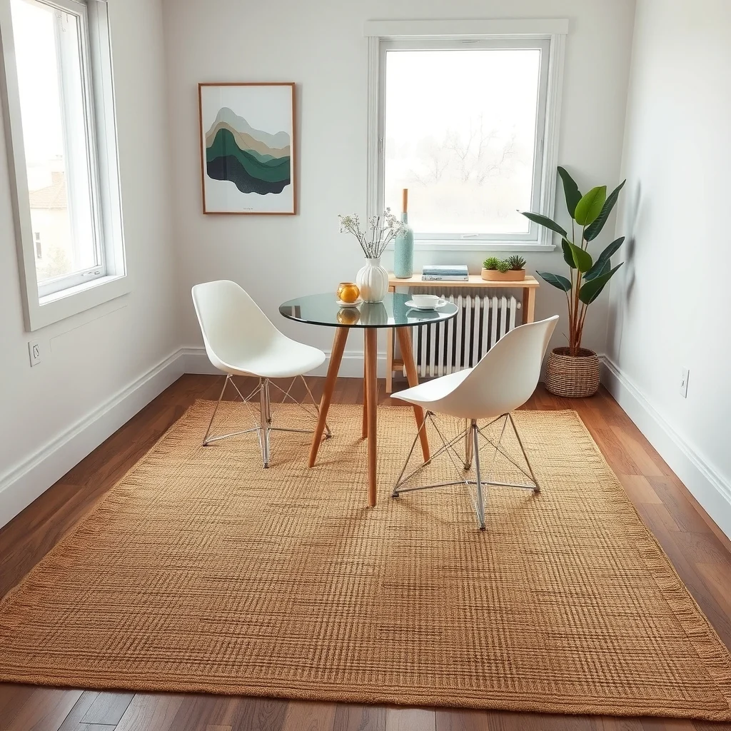 Wide-angle view of intimate dining area anchored by a low pile jute rug textured natural fibers centered around a slim glass top table ivory chairs soft daylight from frosted window