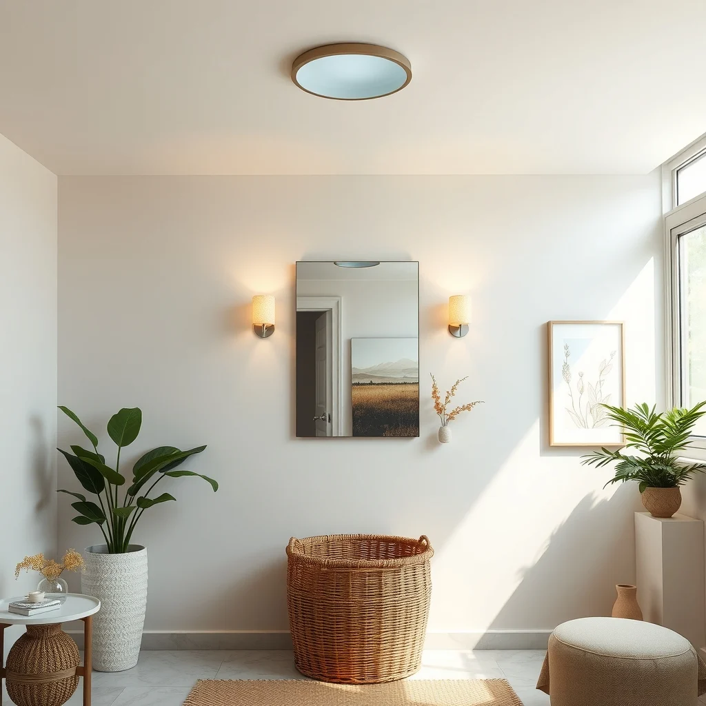 Wide bathroom view featuring recessed LED ceiling light twin brushed nickel wall sconces flanking a frosted glass mirror warm amber glow on a woven basket cozy ambience