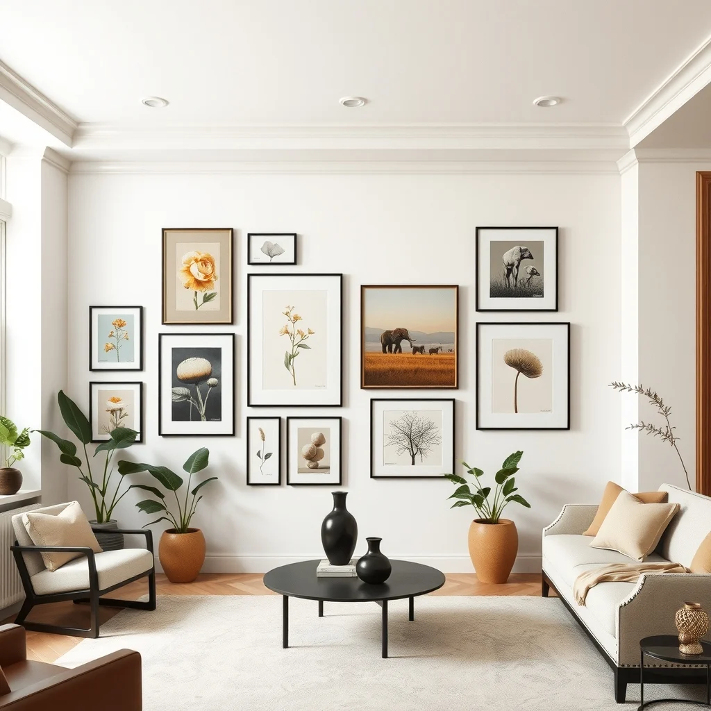 Wide gallery wall arrangement mixing abstract botanical prints black frame photographs of African savanna and small bronze sculptures unevenly spaced frames on off white plaster soft diffused ceiling light