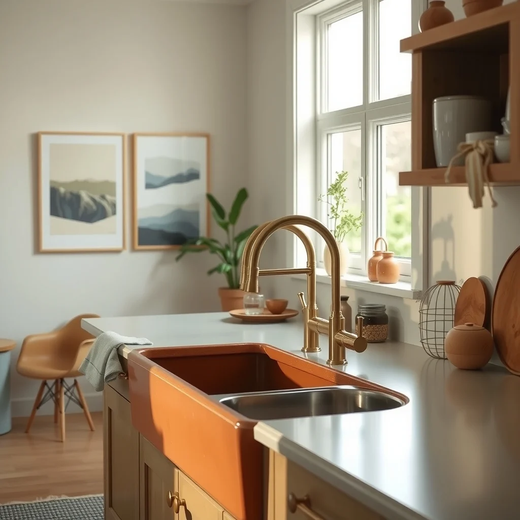 Wide kitchen scene showcasing a deep fire clay farmhouse sink with an apron front brushed brass pull out faucet reflective stainless steel basin and warm ambient light from a nearby window