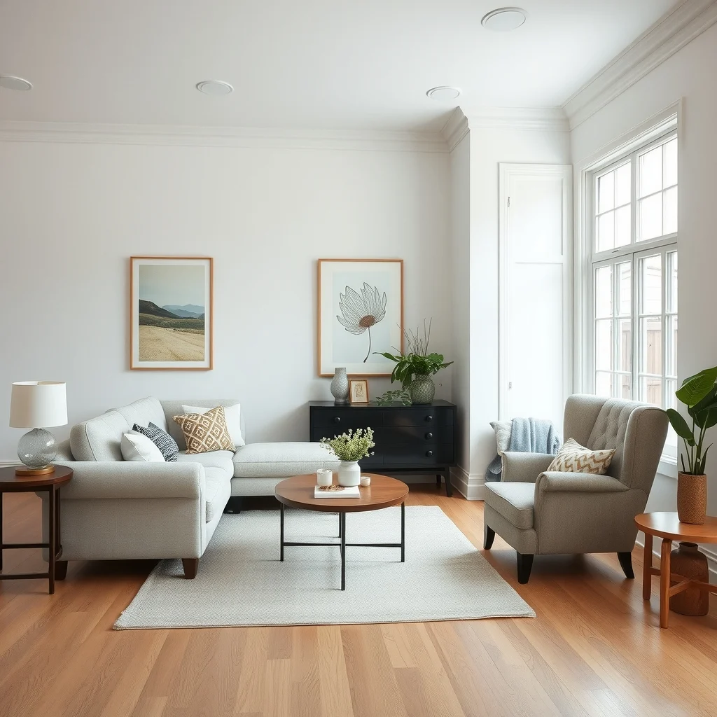 Wide living room view shows a low profile neutral linen sectional anchored by a thrifted classic wingback chair with rolled arms tufted back walnut soft daylight and light oak flooring