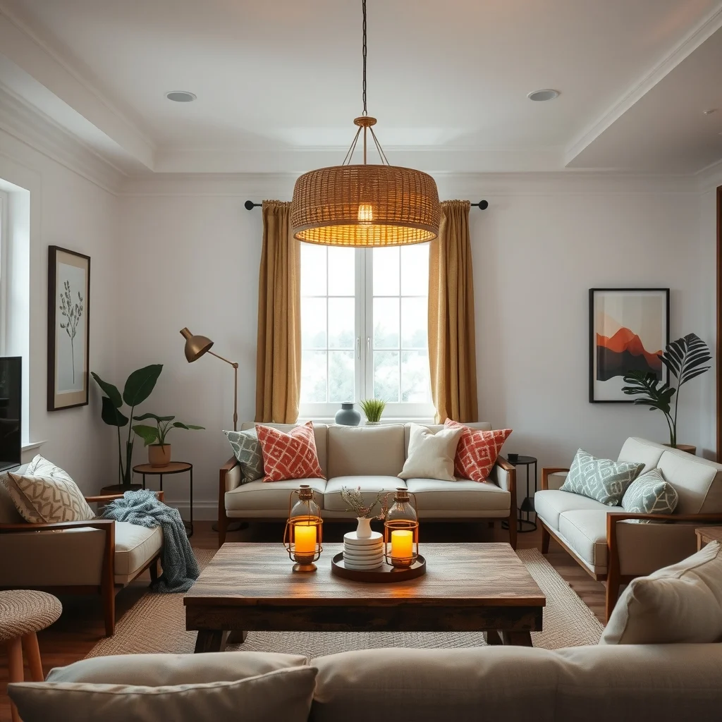 Wide shot of a boho lounge featuring a brushed brass chandelier with woven rattan shade paired with two amber glow tabletop lanterns on a reclaimed wood coffee table soft ambient illumination