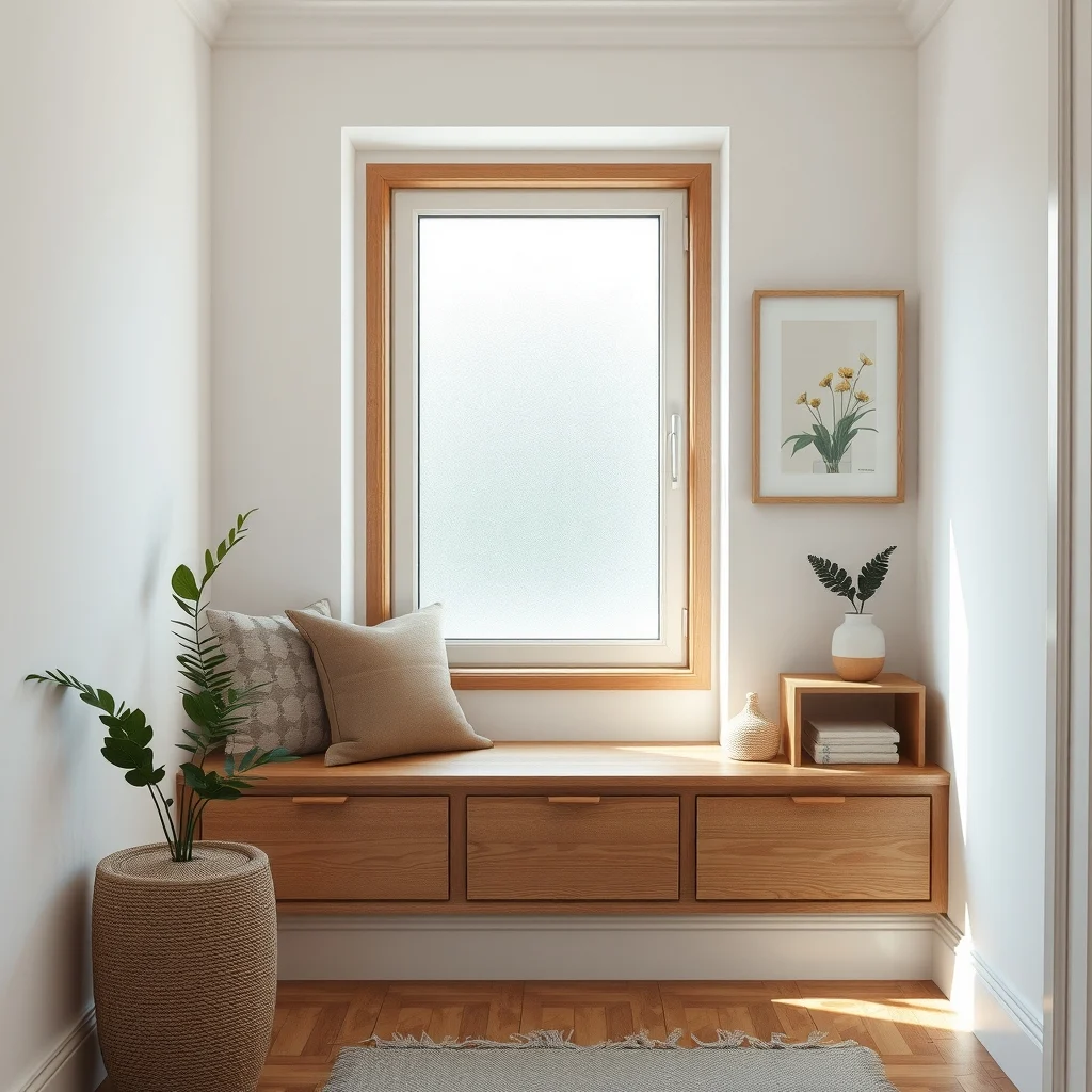 Wide shot of a narrow oak bench built into a window alcove water resistant finish plush cushion in muted taupe overlooking a frosted glass pane brightening the tiny bathroom