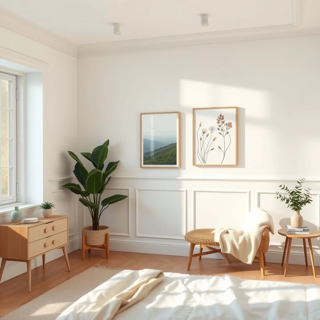 Wide view of a bedroom wall featuring cream white wainscoting three quarters height subtle recessed molding