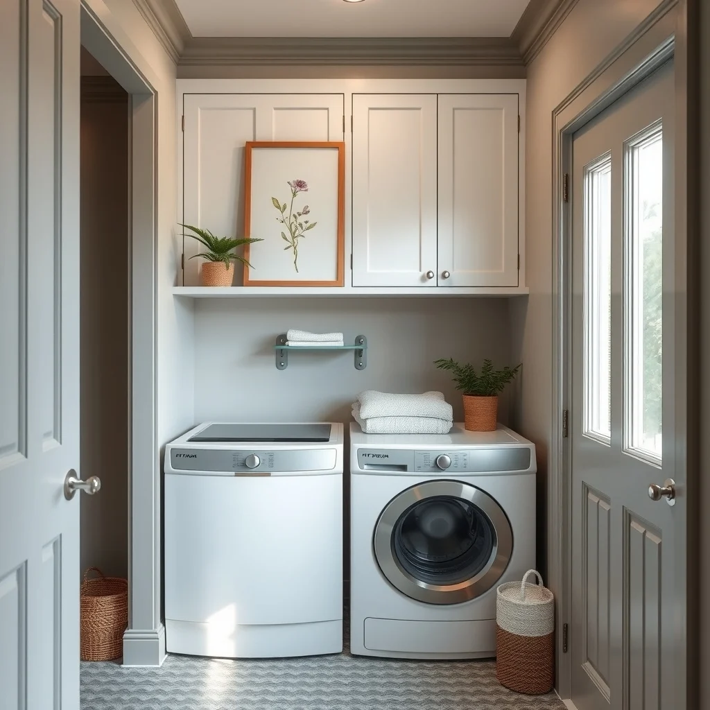 Wide view of a compact laundry closet painted soft greige with muted sage trim matte white cabinets brushed nickel hardware and a subtle abstract botanical print above the shelf illuminated by diffused natural light